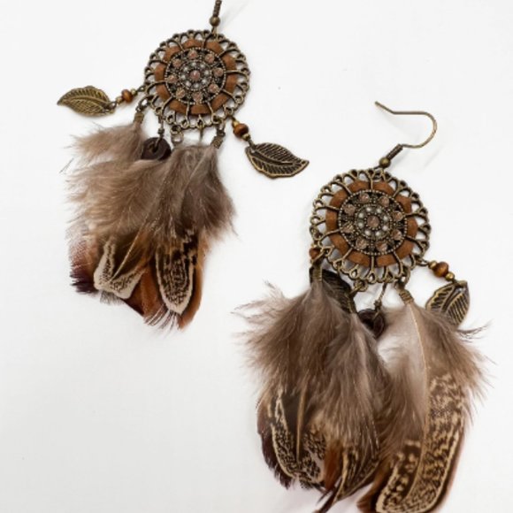 Boho Feather Dreamcatcher Dangle Statement Earrings - Picture 8 of 8